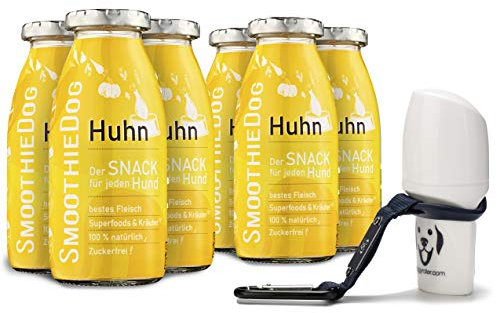SmoothieDog Hundesmoothie 6er Huhn + Doggyroller m. Halter, Karabiner Blau - Flüssiges Hundeleckerli - Zucker- & glutenfrei - Zubehör Hund - je 250ml