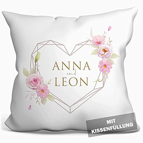personalisierbares Kissen zur Hochzeit, Hochzeitskissen Auto Hochzeits-Geschenk Standesamt Kirchlich Freie Trauung, Kissenhülle mit Füllung, Kissen mit Namen und Datum weiß 40cm x 40cm (Herz Rosé)