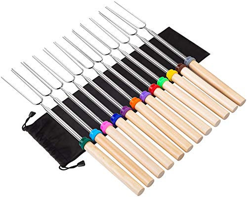 Vastate 12 PCS 32 Pouces Bâtons de torréfaction de Guimauve avec poignée en Bois EXTERMABLABLE Barbecue Forks Smores Brochettes pour feu de Camp, Camping, Bonfire et Grill