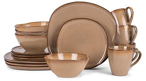 Elanze Designs Modern Chic Service de table 16 pièces en céramique lisse Marron