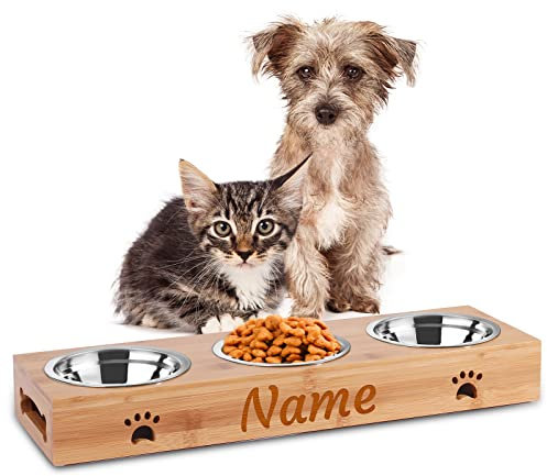 Katzennapf 3er Set mit Name, OXYEFEI Hundenapf Erhöht Bambus Personalisiert mit Text Design und rutschfest Bambussockel Für Kleine Mittelgroße Katzen/Hunde