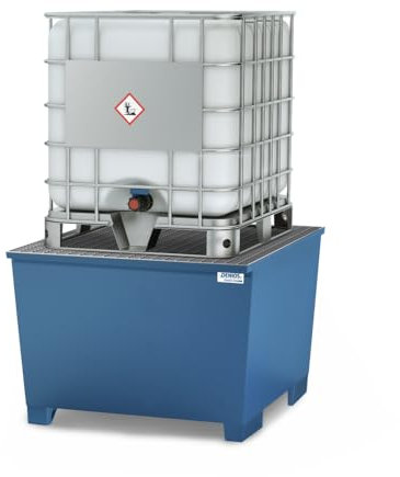 Denios Auffangwanne aus Stahl | verzinkter Gitterrost | ohne Abfüllbock | blau-silber | BxHxT 1120 x 1040 x 1300 mm | Volumen 1000 Liter | 1 Fass | Arbeitssicherheit Notfall-Umweltschutz-Produkte