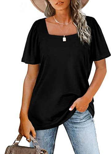 Aokosor Ladies Tops Womens Square Neck T Shirts Puff Sleeve Casual Summer Tee Black Size 18-20