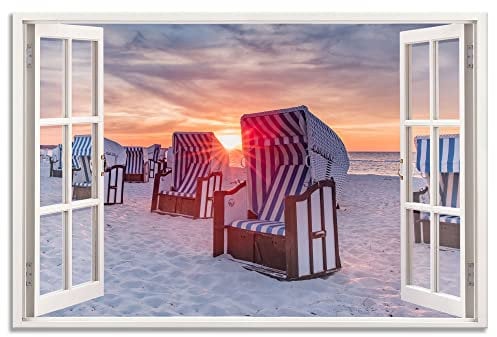 Advertising & Displays Werbecenter Berlin Leinwandbild mit Fensterblick - Strandkörbe im Sonnenuntergang 90x60cm Druck auf Leinwand moderner Kunstdruck XXL Wandbild