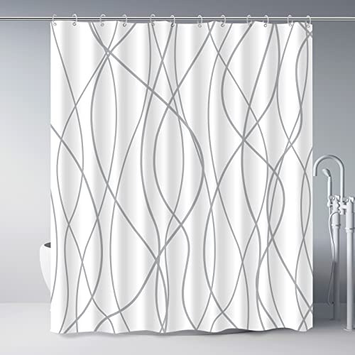 Punkray Rideau de Douche en Tissu rayé Gris et Blanc pour Salle de Bain avec 12 Crochets, Rideaux de 183 cm de Long, Ourlet lesté, Accessoires de Bain imperméables de Style hôtel – Lavable en Machine