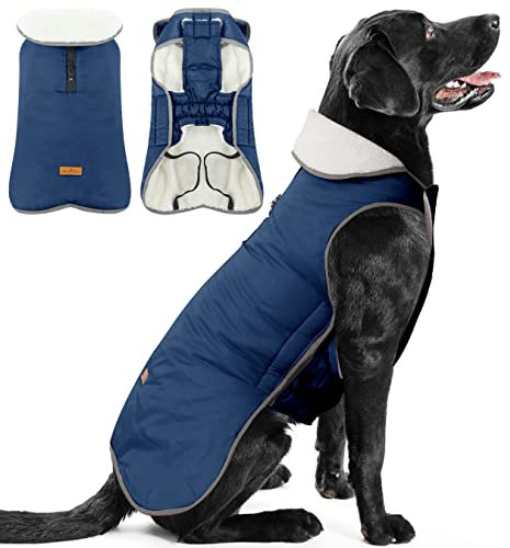 Wasserdichter Hundemantel Hundejacke mit Klettverschluss, Winter Winddichter Warmer Hunderegenmantel mit Sicheren Reflexstreifen, Haustierkleidung für Große Hunde, Navy XXXL