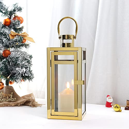 TRIROCKS Dekorative Edelstahl Laterne 30 cm Hoch Metall Kerzenhalter mit Klaren Glasscheiben Für Heimdekoration Wohnzimmer Partys Tischplatte Drinnen Draußen (Gold)