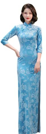 CBROOT Robe Cheongsam Chinoise pour Femme -Printemps Automne Velours Long Cheongsam Floral Manches Longues Vintage Amélioré Femmes Robe Style Chinois Traditionnel Qipao S-5Xl Plus Taille, Bleu, L