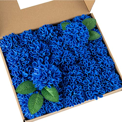 DuHouse Artificial Wedding Dahlia Flowers 25pcs Fake Foam Roses with Stem for Wedding Bouquets Centerpieces Arrangements Decoration(Royal Blue)