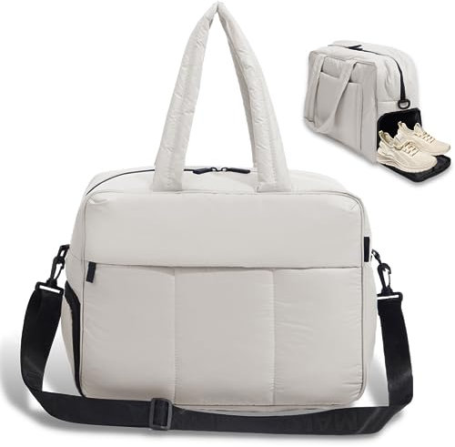 Puffy Gym Bag Travel Duffel Bag with Shoes Compartment Women Puffer Tote Bag Overnight Weekender Bag for Sport, Yoga, Travel, Cremeweiß, Puffer Turnbeutel Reisetasche mit Schuhfach