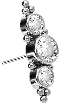 PIERCINGLINE Titan Aufsatz mit Push Pin 3 KRISTALLE + KUGELN OHNE Labret Stecker Piercing Ohr Helix Tragus Conch Silberfarben