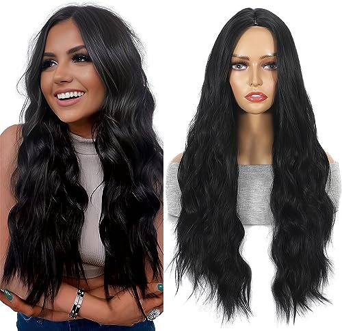 LINMILAGO Long Wavy Black Perücken für Frauen, Synthetische lockiges Haar Perücke Mittelscheitel lange schwarze Perücke für tägliche Party oder Cosplay 26 Zoll