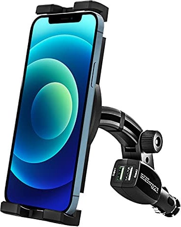 Cigarette Lighter Car Phone Mount [Dual USB Charger] Fast Charging Cig Lighter Cell Phone Holder for Car, for iPhone 15 Pro Max 14 13 12 11 XS XR X SE 8 Plus, Samsung Galaxy, Android, All Smart Phone
