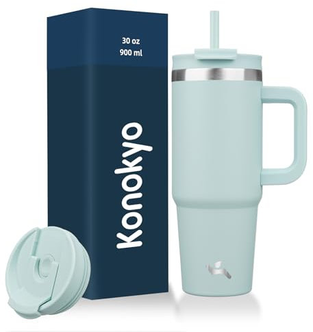 Konokyo Vaso de 30 onzas con asa y 2 popotes, botella de agua aislada 2 en 1 de acero inoxidable, taza de café de viaje, neblina azul