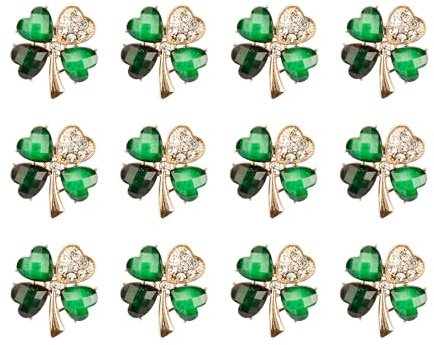 Rumyve Lot de 12 jolies broches vertes en forme de trèfle à quatre feuilles avec strass