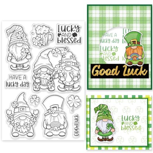 INFUNLY St. Patrick Day Gnome-Stempel Für Die Kartenherstellung Bierbecher Kleeblatt Silikon Klare Stempel Wort-Gummistempel Regenbogen-Blume Transparente Stempel Für DIY Scrapbooking Fotoalbum Dekor