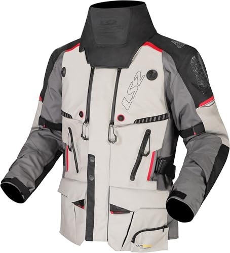 LS2 Apollo wasserdichte Motorrad Textiljacke, hellgrau/schwarz/rot, XL | Wasserdicht