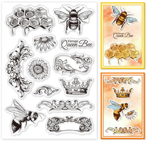 GLOBLELAND Transparente Stempel Mit Bienenstock Königin Für Kartenherstellung Vintage Rand Klare Stempelsiegel Transparente Stempel Für DIY Scrapbooking Fotoalbum Tagebuch Heimdekoration