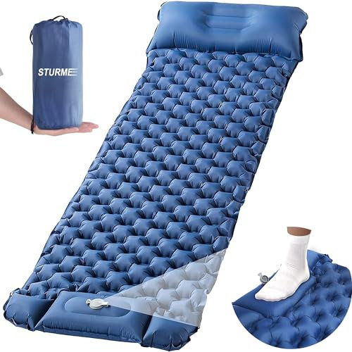 STURME Camping Isomatte Selbstaufblasend mit Fußpresse Pumpe, Outdoor Aufblasbare Luftmatratze Ultralight Isomatte, Camping Matratze, Faltbare Schlafmatte mit Kissen für Outdoor