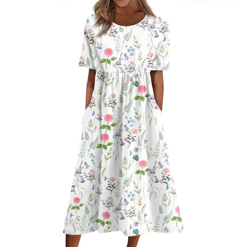 RMBLYfeiye Temu Shop Kleidung Damen Musselin Kleid Damen Schicke Sommerkleider Enges Kleid Damen Rundhals Blumenmuster Kurzarm Abschlusskleid Mit Taschen Kleid Eng (Light Pink, XL)