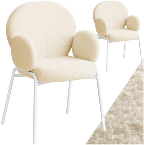 tectake® 2er Set Esszimmer Stuhl mit Armlehne, modernes Küchenmöbel mit Bouclé Teddystoff Bezug, Esszimmerstühle Wohnzimmer Sessel, Dining Chair, Küchenstühle für Esstisch (Creme)