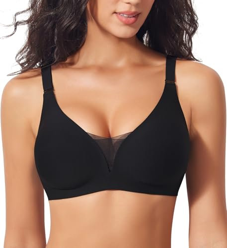 Ganado Modischer Mesh BH Damen Nahtloser BH ohne Bügel Bequem BHS Tiefem V-Ausschnitt Bügellos BHS Soft Bra Gepolstert Bralette (Schwarz, XL)