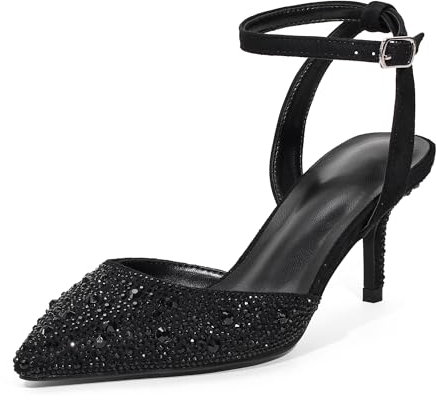 GENSHUO Talons Hauts en Strass de 6,5 cm, Bout Pointu avec Bride à la Cheville, Escarpins élégants, Strass Noir, 40 EU