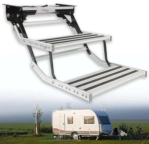 Dfdieratve Klappbare Aluminium-RV-Stufen mit Elektrischer Fernbedienung, Doppelt Herunterklappbare Trittleiter für Wohnmobile, Zusammenklappbare, Robuste Sicherheitsplattform,2-Step Electric