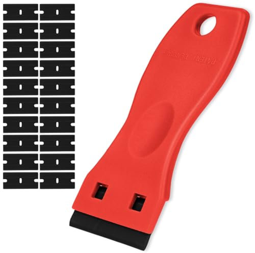 Flintronic Grattoir Vitre avec 20 Pièce Lames de Rechange, Grattoir Plaque Vitrocéramique pour Élimination de L'adhésif, Peinture, Décalcomanies des Portes Vitres Fenêtres (Rouge)