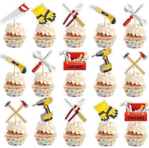 24 Stk. Werkzeuge Kuchendeko Werkzeug Thema Muffin Deko Schraubenschlüssel Hammer Handsäge Maßband Schraubendreher Tortendeko für Kinder Geburtstag Kindergeburtstag Junge Deko Gelb