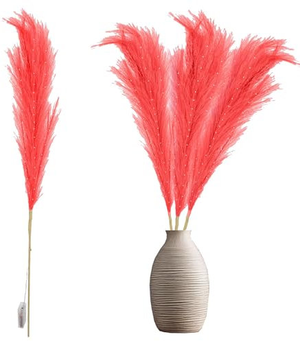 100cm Prelit Red Pampas Grass Stem, Warm White LEDs Battery-Operated Christmas Artificial Flowers for Boho Wedding Bedroom Living Room Decorations