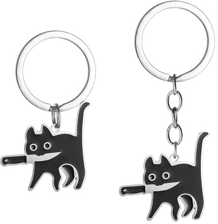 Porte-Clés Chat Noir 2 Pièces, Porte-Clés Dessin Animé en Acier Inoxydable, Porte-Clés Pendentif Mignon, Porte-Clés Créatifs