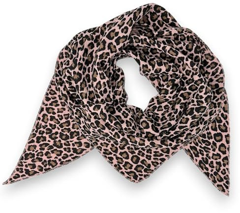 Ziona Musselin Tuch Damen Leo Dreieck Made Italy 195 x 72 cm Herbst Winter Halstuch leoprint Schal Baumwolle (Rose-Braun)