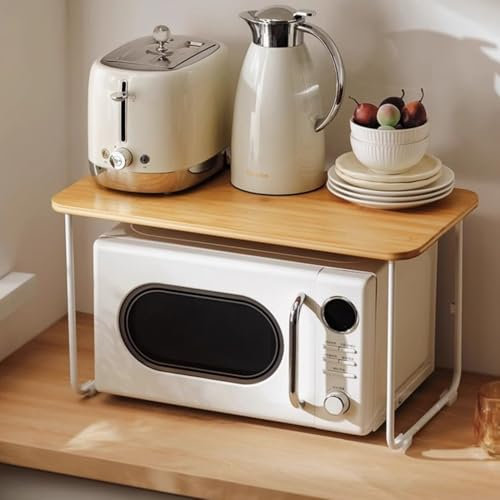 NUBAGG Küchenarbeitsplatte Aus Bambus Und Metall, Mikrowellenherd-Gestell, Großes Ablageregal for Die Theke, Gewürzregale, Schreibtisch-Organizer, for Küche, Büro(57cm)