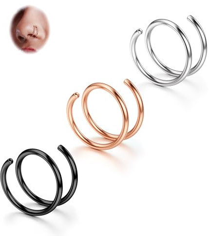 BodyBonita 3 Stück Weicher Nasenring aus Edelstahl 316L mit Doppelkreole für Einzel Piercing 20G Biegsame Gedrehte Spiral Piercing Ring für Damen Männer 8 mm Mischen Rechts