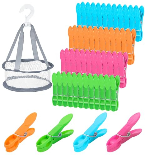 48 Piezas Pinzas Ropa Que No Dejan Marca con Bolsa, Cesta para Pinzas de Ropa, Pinzas de Agarre Fuerte A Prueba De Viento, Pinzas de Plástico para Ropa y Bolsa