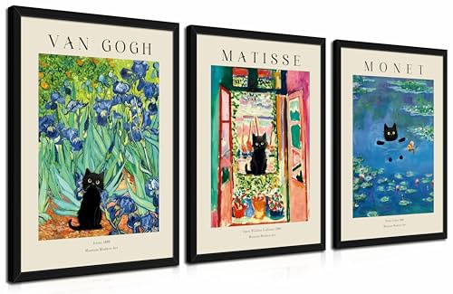 Wandkunst-Set mit Holzrahmen, Motiv: Van Gogh, schwarze Katze, Blumenfeld, Leinwandbilder, abstrakte schwarze Katze, ästhetische Bilder für Zimmer, Schlafzimmer, Wohnzimmer, Badezimmer, 40,6 x 61 cm