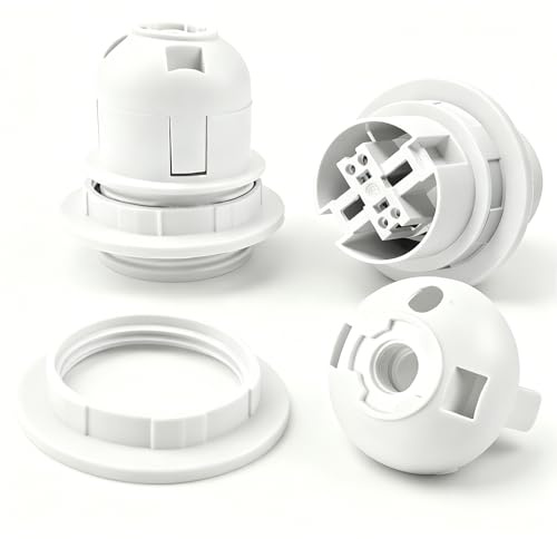 2Pcs E27 Lamp Holder, Light Bulb Screw Fitting in, White Ceiling Table Lamp Fittings, E27 Screw Lampholder Fitting in with 10mm Threaded Entry & Shade Ring (White)