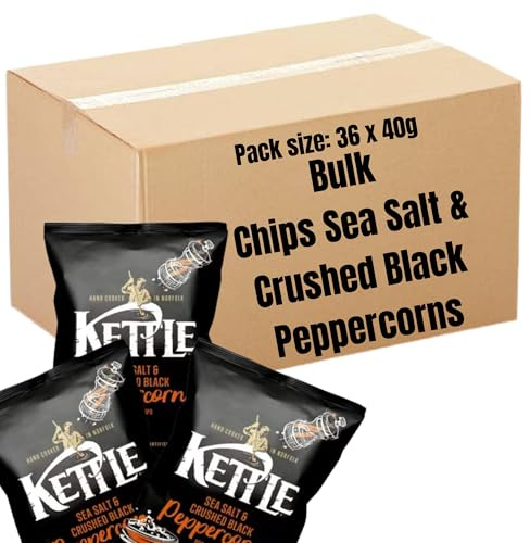 Kettle Chips Sea Salt & Crushed Black Peppercorns Variety Box 36 x 40g | Hand Cooked Crisps Bulk Buy for Picnics, Camping & Movie Nights