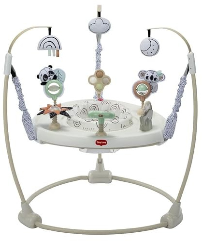 Tiny Love 4-in-1 Jump & Play Activity Center, Hopser ab 6 Monaten, 4 Funktionsweisen, 28 Aktivitäten, 6 Spielzeuge, 360° Sitz, Licht & Musik Trommel, Black & White Décor
