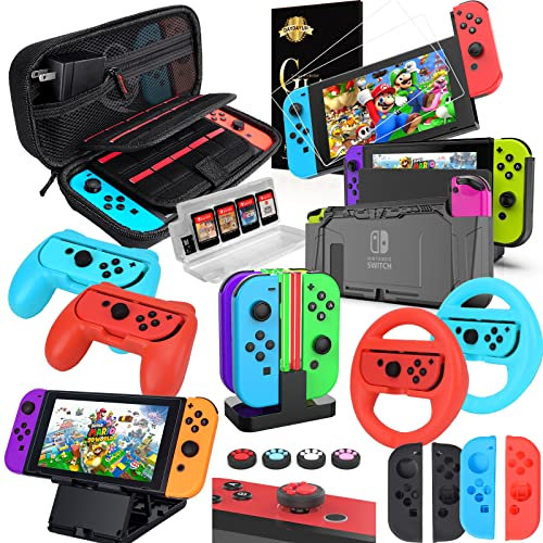 Deruitu Switch Accessories Bundle Compatible with Nintendo Switch, Kit with Carrying Case, Screen Protector, Compact Playstand, Game Case, Joystick Cap, Charging Dock,Steering Wheel (HW-2)
