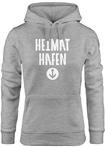 MoonWorks Damen Kapuzen-Pullover Heimat-Hafen Anker Hoodie grau L