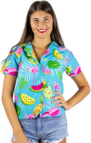 King Kameha Funky Hawaii-Bluse Damen Kurzarm Front-Tasche Stylish Flamingos Früchte Party Unisex