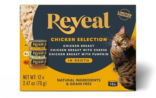 Reveal Natural Wet Canned Cat Food, 3-Flavor Variety Pack, Limited Ingredient, Grain Free, High Protein with No Artificial Additives, Chicken Variety in Broth, (12x 2.47 oz Cans)