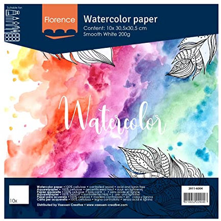 Florence Aquarellpapier Glatt - Zeichenblock für Aquarellfarben 30,5 x 30,5 cm - Weiß - Malblock für Wasserfarben - Künstlerbedarf und Scrabooking - 200 gsm