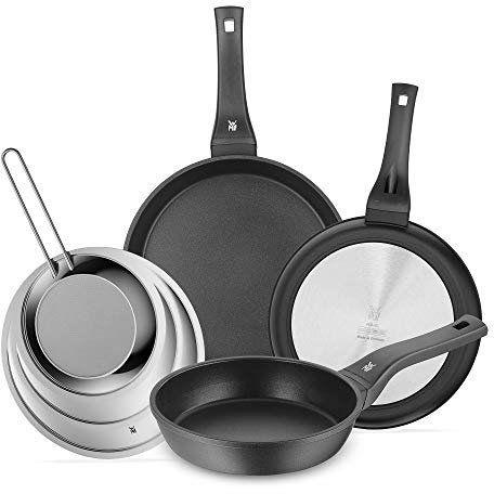 WMF - Juego de sartenes de Aluminio Fundido Permadur Premium de 28 cm + 24 cm + 20 cm + Protector Anti Salpicaduras de Acero Inoxidable