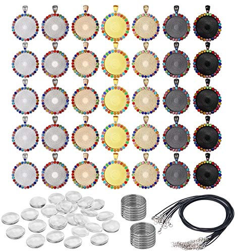 Allazone 80PCS 25MM Rhinestone Bezel Pendant Trays 30PCS Round Rhinestone Bezel Cabochon Trays with Clear Glass Cabochons, Keychain and Black Wax Rope for DIY Jewelry Crafts Making