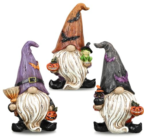Valery Madelyn Gnomes Halloween Decorations Indoor, 3 Pcs Resin Gnome Decor for Home with Bat Witch Hat, Halloween Figurines Elf Dwarf with Broom Jack O Lantern for Table Tiered Tray Outdoor, 6.1
