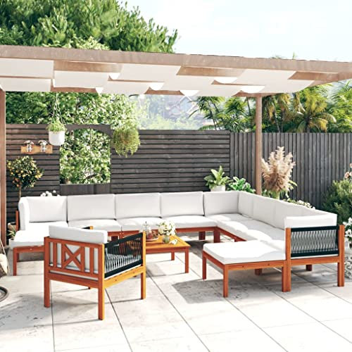 vidaXL Salon de Jardin 12 pièces avec Coussins, Bois d'acacia crème et Corde
