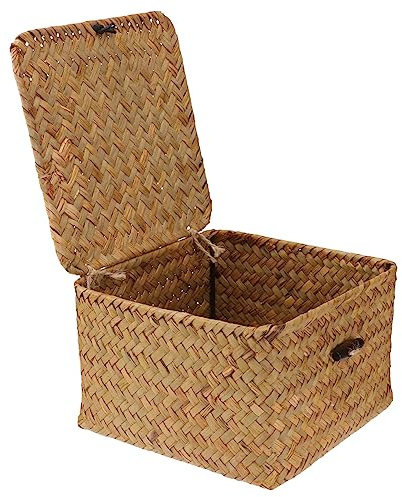 Hemoton Rattan Straw Storage Basket With Button Lid Square Wicker Storage Tea Bins Box With Cover Organizer Home Table Decoration (Small)